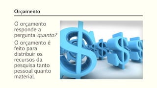 Orçamento
O orçamento
responde a
pergunta quanto?
O orçamento é
feito para
distribuir os
recursos da
pesquisa tanto
pessoal quanto
material.
 