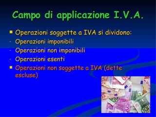 Campo di applicazione I.V.A. Operazioni soggette a IVA si dividono: Operazioni imponibili Operazioni non imponibili Operazioni esenti Operazioni non soggette a IVA (dette escluse) 