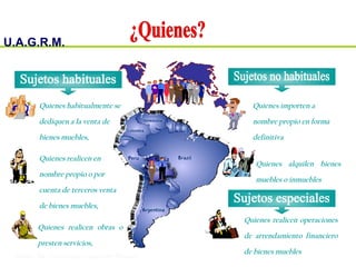 U.A.G.R.M.
Impuesto al Valor Agregado
Bolivia
Quienes realicen obras o
presten servicios,
Quienes realicen en
nombre propio o por
cuenta de terceros venta
de bienes muebles,
Quienes habitualmente se
dediquen a la venta de
bienes muebles,
Quienes importen a
nombre propio en forma
definitiva
Quienes alquilen bienes
muebles o inmuebles
Quienes realicen operaciones
de arrendamiento financiero
de bienes muebles
 