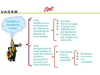 U.A.G.R.M.
Impuesto al Valor Agregado
• Toda
transferencia a
titulo oneroso
que importe la
transmisión de
dominio de
cosas muebles
• Permuta,
• Dación en pago,
• Expropiación,
• Adjudicación
por disolución,
• Cualquier acto
que conduzca el
mismo fin.
• Toda
incorporación de
cosas muebles en
casos de contratos
de obras y
prestación de
servicios, y el
retiro de bienes
• Con destino
al uso o
consumo
particular:
• Del dueño,
• Los socios,
• Los
accionistas
También se
consideran
ventas:
 