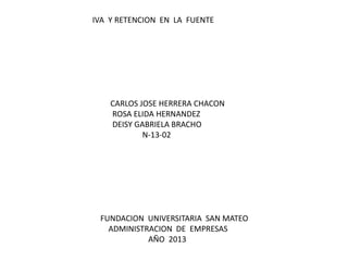 IVA Y RETENCION EN LA FUENTE

CARLOS JOSE HERRERA CHACON
ROSA ELIDA HERNANDEZ
DEISY GABRIELA BRACHO
N-13-02

FUNDACION UNIVERSITARIA SAN MATEO
ADMINISTRACION DE EMPRESAS
AÑO 2013

 
