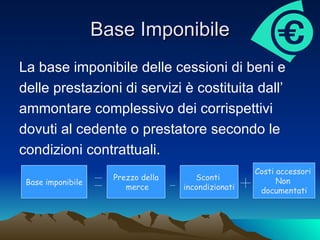 Base Imponibile La base imponibile delle cessioni di beni e  delle prestazioni di servizi è costituita dall’ ammontare complessivo dei corrispettivi dovuti al cedente o prestatore secondo le  condizioni contrattuali.  Base imponibile Prezzo della merce Sconti  incondizionati Costi accessori  Non  documentati 