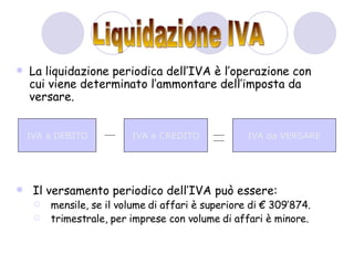 La liquidazione periodica dell’IVA è l’operazione con cui viene determinato l’ammontare dell’imposta da versare. Il versamento periodico dell’IVA può essere: mensile, se il volume di affari è superiore di € 309’874. trimestrale, per imprese con volume di affari è minore. IVA a DEBITO IVA a CREDITO IVA da VERSARE Liquidazione IVA 