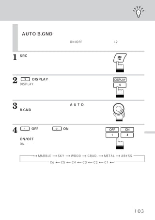 オート バックグランドの設定
                            ・

    オート バックグランドの設定
       ・
    （AUTO B.GND）
    イグニッションキー（エンジンキー）
                    のON/OFFごとに、バックグランド12種類が自動的に切り
    かわります。



1   SRCスイッチを押します。
    メインメニュー画面が表示されます。




2     5   （DISPLAY）
                  スイッチを押します。
    DISPLAYメイン画面が表示されます。
                                               DISPLAY




3   ロータリースイッチを回して、 U T O
    B.GNDを選びます。
                  A

    ファンクション ガイドが表示されます。
           ・




4     1

    を押して、
          （OFF）
              または、   2

         オート バックグランドモードの
            ・
                         （ON）
                            スイッチ             OFF     ON

                                                                 便
    ON/OFFを切りかえます。                                               利
    ONに設定すると切りかわります。                                             な
                                                                 機
                                                                 能
           → MARBLE → SKY → WOOD → GRAD. → METAL → ABYSS
                  C6 ← C5 ← C4 ← C3 ← C2 ← C1 ←




                                                           103
 