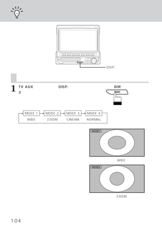 表示モードを切りかえる




                                                          DISP. スイッチ


    表示モードを切りかえる
1   TV、
      AUXモードのときに、
    2秒以上押します。
                DISP.スイッチを

    押すごとに、
         モードが切りかわります。




    →    MODE 1   →   MODE 2   →   MODE 3   →   MODE 4

        （WIDE）        （ZOOM） （CINEMA） （NORMAL）


    ノーマル映像を水平方向に均等に広げ、画面いっ                        MODE1
    ぱいに表示します。




                                                          ワイド（WIDE）
    ノーマル映像の画面中央を少し広げ、水平方向に                        MODE2
    不自然にならないように画面いっぱいに表示しま
    す。




                                                          ズーム（ZOOM）




104
 