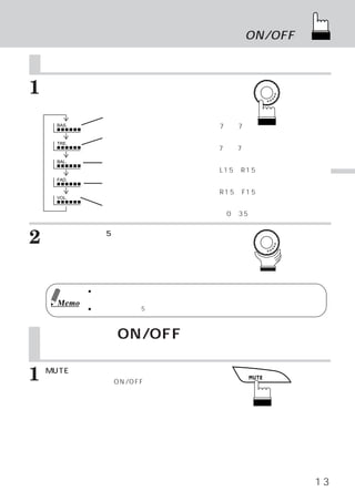 音質／バランス／フェダーの調整
                       ミュートのON/OFF

    音質／バランス／フェダーの調整
1   ロータリースイッチを押して調整したい
    モードを選択します。
    押すたびにモードが切りかわります。
               音量調整モード
                     （低音域）
     BAS.      低音域を強めたり弱めたりします。−7∼＋7）
                              （

     TRE.
               音質調整モード
                     （高音域）
               高音域を強めたり弱めたりします。−7∼＋7）
                              （
     BAL.      バランス調整モード
               左右のスピーカー音量を調整します。L15∼R15）
                               （
     FAD.
               フェダー調整モード                                基
                                                        本
               前後のスピーカー音量を調整します。R15∼F15）
                               （
     VOL.                                               操
               音量調整モード                                  作
               音を大きくしたり小さくしたりします。0∼35）
                                （



2   モードを選択し、 秒以内にロータリース
    イッチを回して、
            5
            好みのレベルに調整しま
    す。



            ● 音量調整だけは、
                     モード選択しなくても、ロータリースイッチを回して調整することがで
              きます。
     Memo
            ● モードを選択して5秒間操作を行わなかった場合、選択前の表示に戻ります。



    ミュートのON/OFF
    瞬時に音量を下げることができます。



1   MUTEスイッチを押します。
    押すたびにミュートのON/OFFが切りかわりま
    す。




                                                   13
 