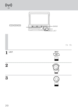 記憶した放送局を受信する




      1   3   5
                                    BANDスイッチ
     ファンクションスイッチ
                                    ロータリースイッチ
                                    LISTスイッチ


     記憶した放送局を受信する
    （プリセット リスト メニューで選ぶ場合）
          ・   ・
     記憶した放送局をリスト表示させ、
                    聴きたい放送局が選べます。
     放送局にタイトルが入力されてあれば、リストに表示されます。タイトル入力方法は、
                                 （          73∼75
     ページ参照）



1    LISTスイッチを押します。
     プリセット リスト メニュー画面
          ・   ・     （ステーション・
     タイトル リスト）
         ・    に切りかわります。
     記憶した放送局が表示されます。



2    ロータリースイッチを左右に回して、
     い放送局を選びます。
                     聴きた




3    ロータリースイッチ押します。
     ラジオ モード メイン画面に切りかわり、
        ・   ・            聴きた
     い放送局が受信されます。




20
 