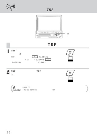 道路交通情報を聴く TRF




                                            TRFスイッチ




     道路交通情報を聴く TRF
1    TRF
       （トラフィック インフォメーション）
              ・
     イッチを2秒以上押します。
                        ス

     TRFモードになります。     1   （1620kHz）ス
     イッチを押すと、AM放送の1620kHz、       2

    （1629kHz）
            スイッチを押すと1629kHzの交通
     情報を受信します。



2    TRFモードを解除するには、
     2秒以上押します。
                  TRFスイッチを




              ● MD、CD、ラジオのいずれかを聴いていても、  交通情報を受信できます。
       Memo   ● FUNC
                   （RETURN）スイッチを押して、TRFモードを解除することもできます。




22
 