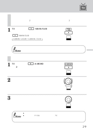 音声多重機能を使う（二重音声放送）
                     チャンネルを微調整する TV

    音声多重機能を使う
            （二重音声放送）
    ニュースや映画などの2ヵ国語放送や、
                     スポーツの実況中継など、
                                異なった2種類の音声放送
                                           （二重
    音声放送）を楽しむことができます。



1   TVモードのとき、
    イッチを押します。
                  4   （MAIN/SUB）ス            MAIN/
                                              SUB


     5   （MAIN/SUB）スイッチを押すたびに、
     →MAIN →SUB →MAIN+SUB の順に切
    りかわります。


              二重音声放送を受信していないときは、表示は切りかわりますが、主音声／副音声
      Memo   （メイン／サブ）は切りかわりません。
                                                             Ｔ
                                                             Ｖ

    チャンネルを微調整する
1   TVモードのとき、
    チを2秒以上押します。
                  6   （A.MEMO）
                             スイッ          A.MEMO


    微調整モードに切りかわります。




2   ロータリースイッチを回しながら調整しま
    す。



                                     （−）方向      （＋）方向


3   調整が終わったら、
    して確定します。
            ロータリースイッチを押




             ● チャンネルの微調整は、 車を停止させてから行って下さい。走行中は操作できません。
             ● サイマル機能
                    （P.106参照） 音声ソースがTVのときには、
                             で、             チャンネルの微調整はでき
      Memo
              ません。




                                                        29
 