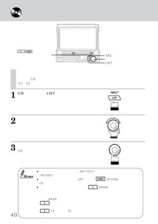 ディスク タイトル リストを表示する
              ・    ・




     3    FUNC

    ファンクションスイッチ                                  SRCスイッチ
                                                 ロータリースイッチ
                                                 LISTスイッチ


     ディスク タイトル リストを表示する
         ・    ・
     記憶したCDタイトルをリスト表示し、聴きたいディスクが選べます。 タイトル入力方法は、
                                    （
     73∼75ページ参照）



1    CDモードのとき、
     す。
              LISTスイッチを押しま

     ディスク タイトル リスト表示画面になり、
         ・    ・           記憶
     したタイトルが表示されます。



2    ロータリースイッチを左右に回し、
                    カーソルを
     聴きたいディスクのタイトルに設定します。




3    ロータリースイッチを押します。
     CDモード メイン画面に切りかわり、
          ・            聴きたいタ
     イトルのディスクを演奏します。




                 ● タイトルが入力されていなければ “NO TITLE”と表示し、 ディスクが入っていなければ
         Memo     “NO DISC”と表示します。
                        ・    ・     LISTスイッチ、 FUNC （RETURN）
                 ● ディスク タイトル リスト表示時、                     スイッチを押して、
                   CDモード メイン画面へ戻ることができます。
                         ・
                 ● ディスク タイトル リスト表示画面上で、 1 （RADIO）
                       ・     ・                   スイッチを押すと、ラジオ・
                   モードのプリセット （ステーション）リスト メニュー画面へダイレクトに切りかえるこ
                                        ・
                   とができます。
                   さらに、BANDスイッチを押すことにより、 バンドが切りかわって表示します。
                     2 スイッチを押すと、 トラック タイトル リスト表示画面とディスク タイトル リ
                                     ・    ・            ・    ・
                  スト表示画面を切りかえることができます。
                    3 （TV）
                         を押すと、
                             TVモードのプリセット
                                       （ステーション）
                                              リスト メニュー画面へ
                                                 ・
40                切りかえることができます。
 
