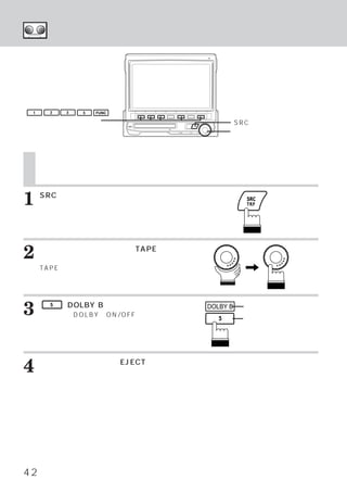 演奏する




 1    2   3   5   FUNC

ファンクションスイッチ                               SRCスイッチ
                                          ロータリースイッチ



     演奏する
     当社のカセットプレイヤーが接続されている場合、
                           本機からカセットプレイヤーが操作できます。



1    SRCスイッチを押します。
     メインメニュー画面が表示されます。




2    ロータリースイッチを回してTAPEを選び、
     ロータリースイッチを押して確定します。
     TAPEモード メイン画面に切りかわります。
            ・




3     5   （DOLBY B）
                  スイッチを押します。
     押すたびにDOLBYのON/OFFが切りかわりま
                                DOLBY B    ファンクションガイド
                                           ファンクションスイッチ
     す。




4    カセットプレイヤー側のEJECTを押すと演
     奏が止まり、テープが取り出せます。




42
 