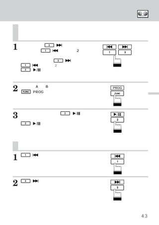 早送り／巻き戻し／テープ プログラム／
                                       ・
                               テープ ポーズ／テープ プレイ
                                  ・       ・
                                      曲の頭出しをする


    早送り／巻き戻し／テープ プログラム／
                 ・
    テープ ポーズ／テープ プレイ
       ・       ・
1   早送りするには
    戻しするには    1
                  3

                  （
                      （
                          ）
                           ）
                           スイッチ、
                               巻き
                          スイッチを2秒以
    上押します。
    再生したいところで再度 3 （     ）
                        スイッチ、
      1 （   ）スイッチを2秒以上押すか、または
      2 （ /  ）スイッチを押すと演奏が開始さ
    れます。




2   テープのA 面、 面を切りかえるには、
            B
    FUNC （PROG）スイッチを押します。
                                          PROG


                                                      カ
                                                      セ
                                                      ッ
                                                      ト
                                                      テ
3   演奏を一時中止するには、
    イッチを押します。
                           2   （   / ）ス    /          ー
                                                      プ
                                                      を
      2 （ / ）
            スイッチを押すと、
                    再び演奏が開                            聴
    始されます。                                            く




    曲の頭出しをする
         （   ）スイッチを軽く押します。
1    1

    今、
     演奏されている曲の頭から演奏されます。聴き
    たい曲がさらに前にあるときは、この操作を繰り
    返します。




2    3   （   ）スイッチを軽く押します。
    次の曲の頭から演奏されます。聴きたい曲がさら
    に後ろにあるときは、この操作を繰り返します。




                                                 43
 