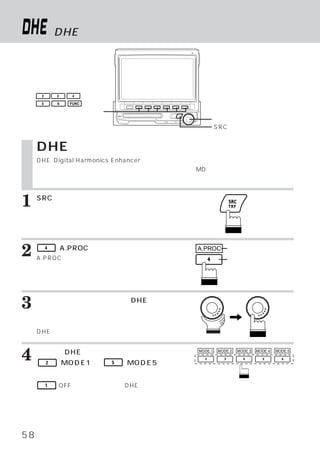 DHEモードを選ぶ




      2       3    4

      5       6   FUNC

    ファンクションスイッチ
                                                 ロータリースイッチ
                                                 SRCスイッチ


     DHEモードを選ぶ
     DHE
       （Digital Harmonics Enhancer） 各楽器やボーカルの音を際立たせ、
                                  は、                走行騒音の多い車
     内においても音楽をクリアに再生することができます。           特にMDは、高度な圧縮方法で録音されて
     いるので効果的です。



1    SRCスイッチを押します。
     メインメニュー画面が表示されます。




2         4

     A.PROC
              （A.PROC）
                     スイッチを押します。
          （オーディオ プロセッサー）
                ・      リスト画面
                                        A.PROC      ファンクションガイド
                                                    ファンクションスイッチ
     が表示されます。




3    ロータリースイッチを回して、
     ます。
                   DHEを選び
        ロータリースイッチを押して、確定し
     ます。
     DHEモード メイン画面に切りかわります。
           ・



4    希望するDHEモードを選び、
          2
                   対応している
              （MODE1）∼   5   （MODE5）ス
                                        MODE 1   MODE 2   MODE 3   MODE 4   MODE 5




     イッチのいずれかを押します。
          1   （OFF）
                  スイッチを押すと、
                          DHE機能は解除
     されます。




58
 