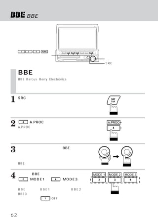 BBEモードを選ぶ




      2       3   4   FUNC

    ファンクションスイッチ
                                                     ロータリースイッチ
                                                     SRCスイッチ


     BBEモードを選ぶ
     BBE
       （Barcus Berry Electronics） 音楽を構成する音の重要なファクター
                                 は、                「倍音」
                                                      と臨場感
     を左右する 「位相」 を補正し、   演奏本来の音響バランスを回復し、   サラウンドを越える臨場感を再現
     します。



1    SRCスイッチを押します。
     メインメニュー画面が表示されます。




                                                               ファンクション
2         4

     A.PROC
              （A.PROC）
                     スイッチを押します。
          （オーディオ プロセッサー）
                ・      リスト画面
                                                     A.PROC
                                                               ガイド
                                                               ファンクション
     が表示されます。                                                  スイッチ




3    ロータリースイッチを回して、
     す。
                  BBEを選びま
       ロータリースイッチを押して、確定しま
     す。
     BBEモード メイン画面に切りかわります。
           ・



4    希望するBBEモードを選び、
          2
                   対応している
              （MODE1）∼       4   （MODE3）ス
                                            MODE 1    MODE 2   MODE 3


     イッチのいずれかを押します。
     B B E の効果は、 B E 1 が最も大きく、 B E 2 、
                B             B
     BBE3の順で小さくなります。
     解除するときは、 1 （OFF）
                    スイッチを押しま
     す。



62
 
