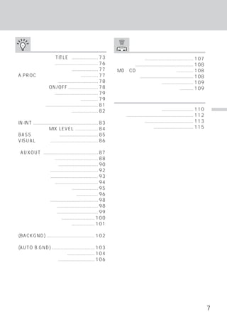 目次


                                                  便利な機能                                                 リモコンで操作する
 タイトルをつける               （TITLE）....................... 73              電池を入れる ........................................... 107
 カーブを記憶する ...................................... 76                    基本操作 ................................................... 108
 記憶したカーブを呼び出す ....................... 77                               MD／CD／チェンジャー操作 ............... 108
 A.PROCリスト画面で設定する ............... 77                                   ラジオ操作 ............................................... 108
 スペアナ表示をする ................................... 78                      カセット・テープ操作 ............................ 109
 ディフィートのON/OFF .......................... 78                           イコライザー／サラウンド操作 ............ 109
 ラウドネスを使う ...................................... 79
 サブウーハーレベルを調整する ............... 79                                                                                            その他
 位相切りかえ .............................................. 81
 外部割り込みモードの設定 ....................... 82                               故障かな？と思ったら ............................ 110
 外部割り込みアイコン表示の設定                                                       規格 ........................................................... 112       目
                                                                       保証について ........................................... 113                   次
 IN-INT ......................................................... 83
 割り込み機能 MIX LEVEL .................... 84                              お問い合わせ窓口 ................................... 115
 BASSレベルの設定 .................................. 85
 VISUALの設定 .......................................... 86
 リアモニターセレクト機能
（AUXOUT）         ................................................ 87
 エリア機能を使う ...................................... 88
 エリア放送局一覧表 ................................... 90
 時刻を表示する .......................................... 92
 時計を設定する .......................................... 93
 操作音の切りかえ ...................................... 94
 デモンストレーション機能 ....................... 95
 ディスプレイ自動開閉の設定 ................... 96
 映像を調整する .......................................... 98
   明るさを調整する .................................... 98
   色合いを調整する .................................... 99
   色の濃さを調整する ............................. 100
 ディスプレイの明るさ調整 .................... 101
 背景画面を切りかえる
 (BACKGND) .......................................... 102
 オート・バックグランドの設定
 (AUTO B.GND) ....................................... 103
 表示モードを切りかえる ........................ 104
 サイマル機能にする ................................ 106




                                                                                                                                            7
 