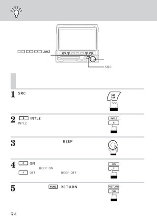 操作音の切りかえ




     1       2   6   FUNC

    ファンクションスイッチ
                                   ロータリースイッチ

                                   SRCスイッチ


     操作音の切りかえ
     スイッチを押したときに「操作音」を鳴らして、操作を受けつけた事を伝えます。



1    SRCスイッチを押します。
     メインメニュー画面が表示されます。




2        6

     INTLZ
             （INTLZ）
         （イニシャライズ）
                   スイッチを押します。
                 メイン画面に切りかわり
                                     INTLZ


     ます。




3    ロータリースイッチを回して、
     ます。
                  BEEPを選び

     ファンクションガイドが表示されます。




4        2   （ON）
                スイッチを押します。
     ディスプレイにBEEP ONを表示します。
                                      ON


      1 （OFF）
            スイッチを押すとBEEP OFFにな
     り、スイッチを押しても音が出なくなります。



5    設定が終わったら、 FUNC （RETURN）
     イッチを押します。
                            ス       RETURN



     メインメニュー画面へ戻ります。




94
 