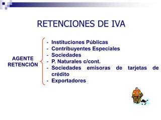 - Instituciones Públicas
- Contribuyentes Especiales
- Sociedades
- P. Naturales c/cont.
- Sociedades emisoras de tarjetas de
crédito
- Exportadores
AGENTE
RETENCIÓN
RETENCIONES DE IVA
 