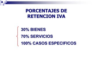 PORCENTAJES DE
RETENCION IVA
30% BIENES
70% SERVICIOS
100% CASOS ESPECIFICOS
 