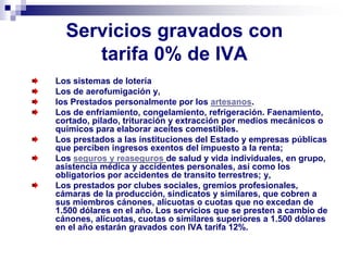 Servicios gravados con
tarifa 0% de IVA
Los sistemas de lotería
Los de aerofumigación y,
los Prestados personalmente por l...