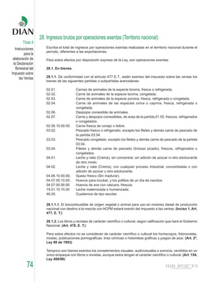28. Ingresos brutos por operaciones exentas (Territorio nacional)
        Título II
   Instrucciones       Escriba el total de ingresos por operaciones exentas realizadas en el territorio nacional durante el
                       período, diferentes a las exportaciones.
          para la
 elaboración de        Para estos efectos por disposición expresa de la Ley, son operaciones exentas:
 la Declaración
   Bimestral del       28.1. En bienes.
Impuesto sobre
      las Ventas       28.1.1. De conformidad con el artículo 477 E.T., están exentos del impuesto sobre las ventas los
                       bienes de las siguientes partidas o subpartidas arancelarias:

                       02.01.              Carnes de animales de la especie bovina, fresca o refrigerada.
                       02.02.              Carne de animales de la especie bovina, congelada.
                       02.03.              Carne de animales de la especie porcina, fresca, refrigerada o congelada.
                       02.04.              Carne de animales de las especies ovina o caprina, fresca, refrigerada o
                                           congelada.
                       02.06.              Despojos comestible de animales.
                       02.07.              Carne y despojos comestibles, de aves de la partida 01.05, frescos, refrigerados
                                           o congelados.
                       02.08.10.00.00.     Carne fresca de conejo o liebre.
                       03.02.              Pescado fresco o refrigerado, excepto los filetes y demás carne de pescado de
                                           la partida 03.04.
                       03.03.              Pescado congelado, excepto los filetes y demás carne de pescado de la partida
                                           03.04.
                       03.04.              Filetes y demás carne de pescado (Incluso picado), frescos, refrigerados o
                                           congelados.
                       04.01.              Leche y nata (Crema), sin concentrar, sin adición de azúcar ni otro edulcorante
                                           de otro modo.
                       04.02.              Leche y nata (Crema), con cualquier proceso industrial, concentradas o con
                                           adición de azúcar u otro edulcorante.
                       04.06.10.00.00.     Queso fresco (Sin madurar).
                       04.07.00.10.00.     Huevos para incubar, y los pollitos de un día de nacidos.
                       04.07.00.90.00      Huevos de ave con cáscara, frescos.
                       19.01.10.10.00      Leche maternizada o humanizada.
                       48.20.              Cuadernos de tipo escolar.


                       28.1.1.1. El biocombustible de origen vegetal o animal para uso en motores diesel de producción
                       nacional con destino a la mezcla con ACPM estará exento del impuesto a las ventas. (Inciso 1, Art.
                       477, E. T.)

                       28.1.2. Los libros y revistas de carácter científico o cultural, según calificación que hará el Gobierno
                       Nacional. (Art. 478, E. T.)

                       Para estos efectos no se consideran de carácter científico o cultural los horóscopos, fotonovelas,
                       modas, publicaciones pornográficas, tiras cómicas o historietas gráficas y juegos de azar. (Art. 2º,
                       Ley 98 de 1993)

                       Tampoco son bienes exentos los complementos visuales, audiovisuales o sonoros, vendidos en un
                       único empaque con libros o revistas, aunque estos tengan el carácter científico o cultural. (Art. 154,
                       Ley 488/98)

           74
 