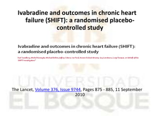 Ivabradine and outcomes in chronic heart failure (SHIFT): a randomised placebo-controlled study,[object Object],TheLancet, Volume 376, Issue 9744, Pages 875 - 885, 11 September 2010 ,[object Object]