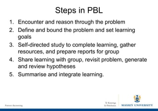 Steps in PBL
1. Encounter and reason through the problem
2. Define and bound the problem and set learning
goals
3. Self-directed study to complete learning, gather
resources, and prepare reports for group
4. Share learning with group, revisit problem, generate
and review hypotheses
5. Summarise and integrate learning.
 