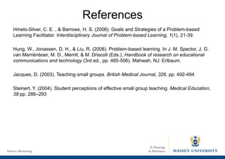 References
Hmelo-Silver, C. E. , & Barrows, H. S. (2006). Goals and Strategies of a Problem-based
Learning Facilitator. Interdisciplinary Journal of Problem-based Learning, 1(1), 21-39.
Hung, W., Jonassen, D. H., & Liu, R. (2008). Problem-based learning. In J. M. Spector, J. G.
van Merriënboer, M. D., Merrill, & M. Driscoll (Eds.), Handbook of research on educational
communications and technology (3rd ed., pp. 485-506). Mahwah, NJ: Erlbaum.
Jacques, D. (2003). Teaching small groups. British Medical Journal, 326, pp. 492-494
Steinert, Y. (2004). Student perceptions of effective small group teaching. Medical Education,
38 pp. 286–293
 