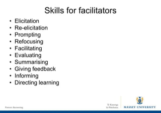 Skills for facilitators
• Elicitation
• Re-elicitation
• Prompting
• Refocusing
• Facilitating
• Evaluating
• Summarising
• Giving feedback
• Informing
• Directing learning
 