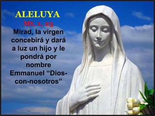 ALELUYA
Mt, 1, 23
Mirad, la virgen
concebirá y dará
a luz un hijo y le
pondrá por
nombre
Emmanuel “Dioscon-nosotros”

 