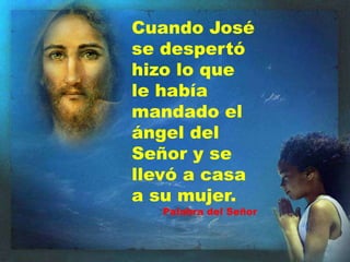 Cuando José
se despertó
hizo lo que
le había
mandado el
ángel del
Señor y se
llevó a casa
a su mujer.

Palabra del Señor

 