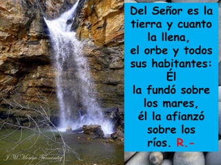 Del Señor es la
tierra y cuanto
la llena,
el orbe y todos
sus habitantes:
Él
la fundó sobre
los mares,
él la afianzó
sobre los
ríos. R.-

 