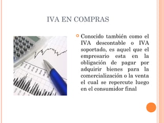 IVA EN COMPRAS
 Conocido también como el
IVA descontable o IVA
soportado, es aquel que el
empresario esta en la
obligación de pagar por
adquirir bienes para la
comercialización o la venta
el cual se repercute luego
en el consumidor final
 
