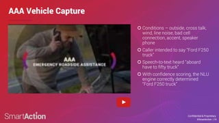 Confidential & Proprietary
©SmartAction | 19
AAA Vehicle Capture
©SmartAction | 19
 Conditions – outside, cross talk,
wind, line noise, bad cell
connection, accent, speaker
phone
 Caller intended to say “Ford F250
truck”
 Speech-to-text heard “aboard
have to fifty truck”
 With confidence scoring, the NLU
engine correctly determined
“Ford F250 truck”
 