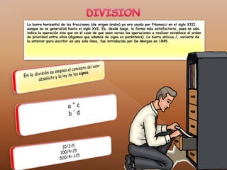 DIVISIONLa barra horizontal de las fracciones (de origen árabe) ya era usada por Fibonacci en el siglo XIII, aunque no se generalizó hasta el siglo XVI. Es, desde luego, la forma más satisfactoria, pues no solo indica la operación sino que en el caso de que sean varias las operaciones a realizar establece el orden de prioridad entre ellas (digamos que además de signo es paréntesis). La barra oblicua /, variante de la anterior para escribir en una sola línea, fue introducida por De Morgan en 1845.En la división se emplea el concepto del valor absoluto y la ley de los signos.a ^ cb ' d10/2=5100/4=25-500/4=-125