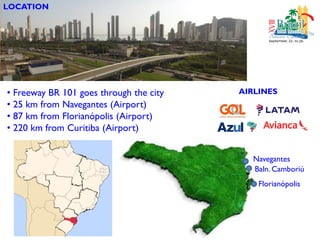 LOCATION
• Freeway BR 101 goes through the city
• 25 km from Navegantes (Airport)
• 87 km from Florianópolis (Airport)
• 220 km from Curitiba (Airport)
Florianópolis
Baln. Camboriú
Navegantes
AIRLINES
 