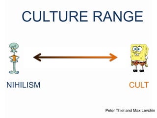 CULTURE RANGE



NIHILISM               CULT


           Peter Thiel and Max Levchin
 