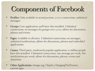 Components of Facebook Profiles:  Only available to actual persons.  5,000 connections, unlimited messages Groups:  Core application; 99% have this installed.  Unlimited connections, no messages for groups over 1,200; allows for discussions, photos and events. Pages:  Available to all users.  Unlimited connections, no messages, unlimited notifications; allows for discussions, photos and embedded applications. Causes:  Third-party, moderately popular application; 11 million people have this installed.  Unlimited connections, one message per week, five notifications per week; allows for discussions, photos, events and donations. Other Applications:  change.org, ChipIn, ChangingThePresent,  custom apps 