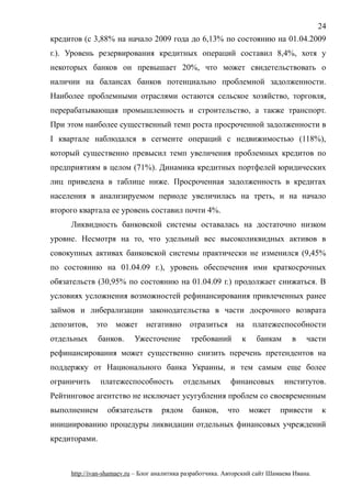 кредитов (с 3,88% на начало 2009 года до 6,13% по состоянию на 01.04.2009
г.). Уровень резервирования кредитных операций составил 8,4%, хотя у
некоторых банков он превышает 20%, что может свидетельствовать о
наличии на балансах банков потенциально проблемной задолженности.
Наиболее проблемными отраслями остаются сельское хозяйство, торговля,
перерабатывающая промышленность и строительство, а также транспорт.
При этом наиболее существенный темп роста просроченной задолженности в
I квартале наблюдался в сегменте операций с недвижимостью (118%),
который существенно превысил темп увеличения проблемных кредитов по
предприятиям в целом (71%). Динамика кредитных портфелей юридических
лиц приведена в таблице ниже. Просроченная задолженность в кредитах
населения в анализируемом периоде увеличилась на треть, и на начало
второго квартала ее уровень составил почти 4%.
Ликвидность банковской системы оставалась на достаточно низком
уровне. Несмотря на то, что удельный вес высоколиквидных активов в
совокупных активах банковской системы практически не изменился (9,45%
по состоянию на 01.04.09 г.), уровень обеспечения ими краткосрочных
обязательств (30,95% по состоянию на 01.04.09 г.) продолжает снижаться. В
условиях усложнения возможностей рефинансирования привлеченных ранее
займов и либерализации законодательства в части досрочного возврата
депозитов, это может негативно отразиться на платежеспособности
отдельных банков. Ужесточение требований к банкам в части
рефинансирования может существенно снизить перечень претендентов на
поддержку от Национального банка Украины, и тем самым еще более
ограничить платежеспособность отдельных финансовых институтов.
Рейтинговое агентство не исключает усугубления проблем со своевременным
выполнением обязательств рядом банков, что может привести к
инициированию процедуры ликвидации отдельных финансовых учреждений
кредиторами.
http://ivan-shamaev.ru – Блог аналитика разработчика. Авторский сайт Шамаева Ивана.
24
 