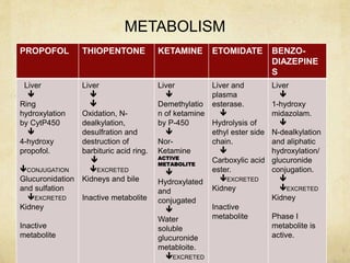 METABOLISM
PROPOFOL THIOPENTONE KETAMINE ETOMIDATE BENZO-
DIAZEPINE
S
Liver

Ring
hydroxylation
by CytP450

4-hydroxy
propofol.
CONJUGATION
Glucuronidation
and sulfation
EXCRETED
Kidney
Inactive
metabolite
Liver


Oxidation, N-
dealkylation,
desulfration and
destruction of
barbituric acid ring.

EXCRETED
Kidneys and bile
Inactive metabolite
Liver

Demethylatio
n of ketamine
by P-450

Nor-
Ketamine
ACTIVE
METABOLITE

Hydroxylated
and
conjugated

Water
soluble
glucuronide
metabloite.
EXCRETED
Liver and
plasma
esterase.

Hydrolysis of
ethyl ester side
chain.

Carboxylic acid
ester.
EXCRETED
Kidney
Inactive
metabolite
Liver

1-hydroxy
midazolam.

N-dealkylation
and aliphatic
hydroxylation/
glucuronide
conjugation.

EXCRETED
Kidney
Phase I
metabolite is
active.
 