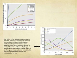 After delivery of an IV bolus, the percentage of
thiopental remaining in blood rapidly decreases
as drug moves from blood to body tissues.
Initially, most thiopental is taken up by the
vessel-rich group (VRG) of tissues because of
their high blood flow. Subsequently, drug is
redistributed to muscle and to a lesser extent to
fat. Throughout this period, small but substantial
amounts of thiopental are removed and
metabolized by the liver.

 