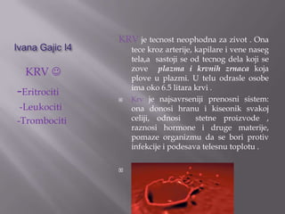 Ivana Gajic I4

KRV je tecnost neophodna za zivot . Ona

KRV 

-Eritrociti
-Leukociti
-Trombociti





tece kroz arterije, kapilare i vene naseg
tela,a sastoji se od tecnog dela koji se
zove plazma i krvnih zrnaca koja
plove u plazmi. U telu odrasle osobe
ima oko 6.5 litara krvi .
Krv je najsavrseniji prenosni sistem:
ona donosi hranu i kiseonik svakoj
celiji, odnosi
stetne proizvode ,
raznosi hormone i druge materije,
pomaze organizmu da se bori protiv
infekcije i podesava telesnu toplotu .

 