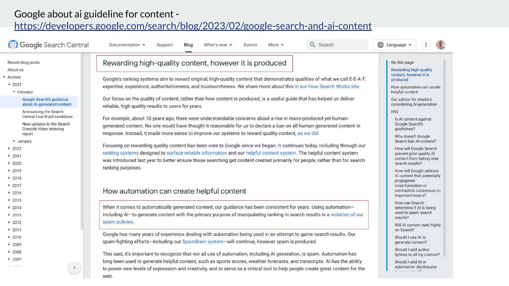 Google about ai guideline for content -
https://developers.google.com/search/blog/2023/02/google-search-and-ai-content
 