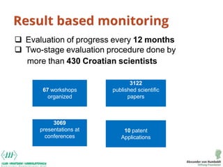  Evaluation of progress every 12 months
 Two-stage evaluation procedure done by
more than 430 Croatian scientists
67 wor...
