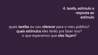 quais tarefas eu vou oferecer para o meu público?
quais estímulos eles terão pra fazer isso?
o que esperamos que eles façam?
4. tarefa, estímulo e
resposta ao
estímulo
 
