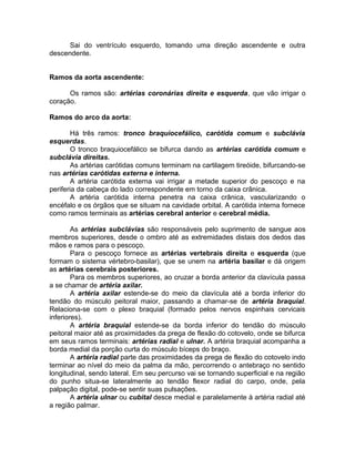 Sai do ventrículo esquerdo, tomando uma direção ascendente e outra
descendente.
Ramos da aorta ascendente:
Os ramos são: artérias coronárias direita e esquerda, que vão irrigar o
coração.
Ramos do arco da aorta:
Há três ramos: tronco braquiocefálico, carótida comum e subclávia
esquerdas.
O tronco braquiocefálico se bifurca dando as artérias carótida comum e
subclávia direitas.
As artérias carótidas comuns terminam na cartilagem tireóide, bifurcando-se
nas artérias carótidas externa e interna.
A artéria carótida externa vai irrigar a metade superior do pescoço e na
periferia da cabeça do lado correspondente em torno da caixa crânica.
A artéria carótida interna penetra na caixa crânica, vascularizando o
encéfalo e os órgãos que se situam na cavidade orbital. A carótida interna fornece
como ramos terminais as artérias cerebral anterior e cerebral média.
As artérias subclávias são responsáveis pelo suprimento de sangue aos
membros superiores, desde o ombro até as extremidades distais dos dedos das
mãos e ramos para o pescoço.
Para o pescoço fornece as artérias vertebrais direita e esquerda (que
formam o sistema vértebro-basilar), que se unem na artéria basilar e dá origem
as artérias cerebrais posteriores.
Para os membros superiores, ao cruzar a borda anterior da clavícula passa
a se chamar de artéria axilar.
A artéria axilar estende-se do meio da clavícula até a borda inferior do
tendão do músculo peitoral maior, passando a chamar-se de artéria braquial.
Relaciona-se com o plexo braquial (formado pelos nervos espinhais cervicais
inferiores).
A artéria braquial estende-se da borda inferior do tendão do músculo
peitoral maior até as proximidades da prega de flexão do cotovelo, onde se bifurca
em seus ramos terminais: artérias radial e ulnar. A artéria braquial acompanha a
borda medial da porção curta do músculo bíceps do braço.
A artéria radial parte das proximidades da prega de flexão do cotovelo indo
terminar ao nível do meio da palma da mão, percorrendo o antebraço no sentido
longitudinal, sendo lateral. Em seu percurso vai se tornando superficial e na região
do punho situa-se lateralmente ao tendão flexor radial do carpo, onde, pela
palpação digital, pode-se sentir suas pulsações.
A artéria ulnar ou cubital desce medial e paralelamente à artéria radial até
a região palmar.
 