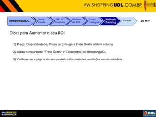 ShoppingUOL Nova Conta XML & Captura Análise de ROI Corte Categoria Melhoria Ranking Fluxos 20 Min Dicas para Aumentar o seu ROI 1) Preço, Disponibilidade, Prazo de Entrega e Frete Grátis afetam volume 2) Utilize o recurso de "Frete Grátis" e "Descontos" do ShoppingUOL 3) Verifique se a página do seu produto informa todas condições na primeira tela 