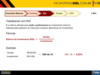 Conceitos Básicos Tracking ROI Budget CPC 3 Min Trabalhando com ROI É a métrica utilizada para  medir a performance  do investimento (retorno). Utilizada pelos gestores de mídia para comparar alternativas de investimento. Fórmula Vendas:  R$ 80.000 Investimento:  R$ 5.000 Exemplo =  ROI de 16 100 / 16  =  6,25% Retorno do Investimento (ROI)  = Vendas Investimento 