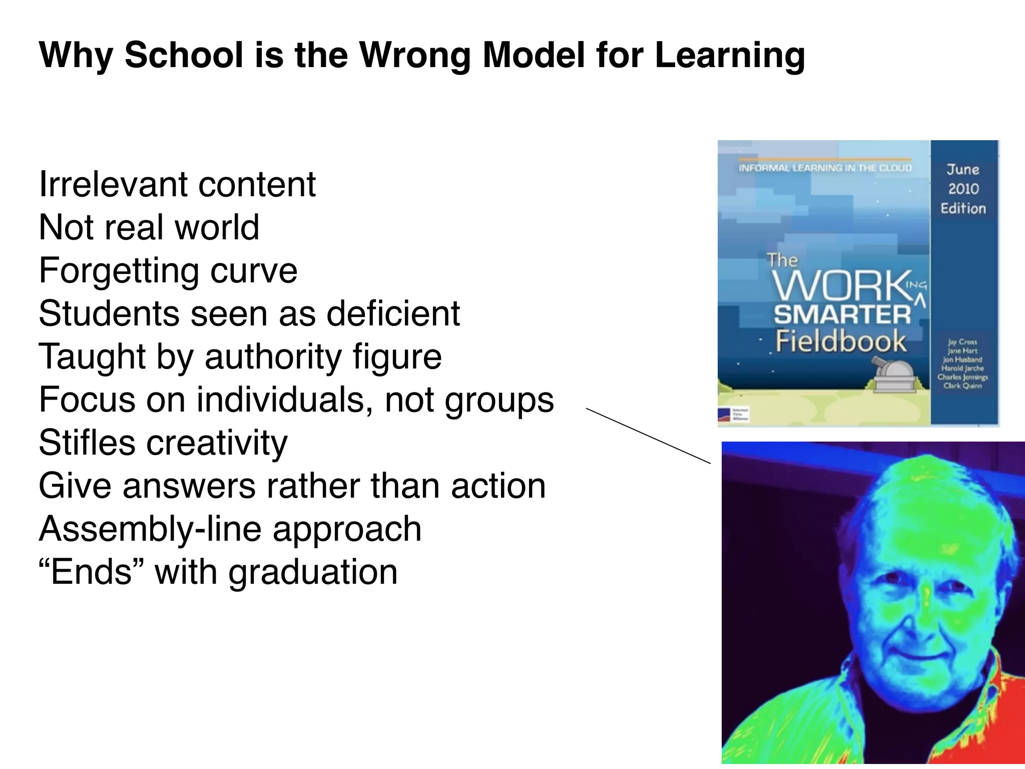 Why School is the Wrong Model for Learning


Irrelevant content
Not real world
Forgetting curve
Students seen as deﬁcient
Taught by authority ﬁgure
Focus on individuals, not groups
Stiﬂes creativity
Give answers rather than action
Assembly-line approach
“Ends” with graduation
 