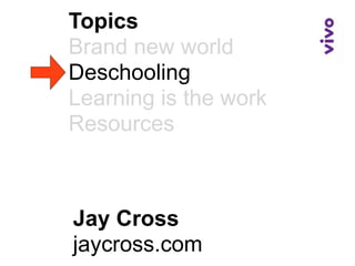 Topics
Brand new world
Deschooling
Learning is the work
Resources



Jay Cross
jaycross.com
 