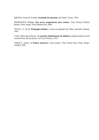 KRUPPA, Sonia M. Portella. Sociedade da educação. São Paulo: Cortez, 1994.
PERRENOUD, Philippe. Dez novas competências para ensinar. Trad. Patrícia Chittoni
Ramos. Porto Alegre: Artes Médicas Sul, 2000.
TELES, J. F. de Sá. Pedagogia familiar: os pais na educação dos filhos. Salvador: Ianamá,
1993.
VALE, Maria Irene Pereira. As questões fundamentais da didática: enfoque político-social
construtivista. Rio de janeiro: Ao Livro Técnico, 1995
ZABALA, Antoni. A Prática educativa: como ensinar. Trad. Ernani Rosa. Porto Alegre:
ArtMed, 1998.
 